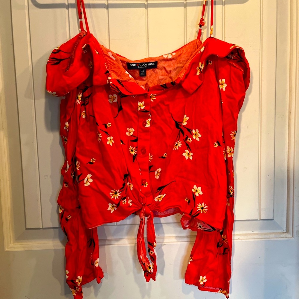 Bold, bright orange cropped off the shoulder top